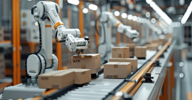 協働ロボットが搬送ラインで箱を扱う様子